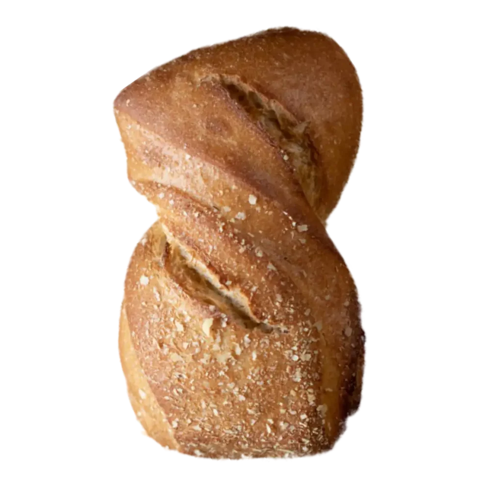 Ein handwerklich hergestelltes Brot aus der Naturbackstube mit goldbrauner, knuspriger Kruste, bestreut mit Mehl und Hafer und in Sanduhrform gedreht - eine echte Spezialität in Freising oder Pfaffenhofen.