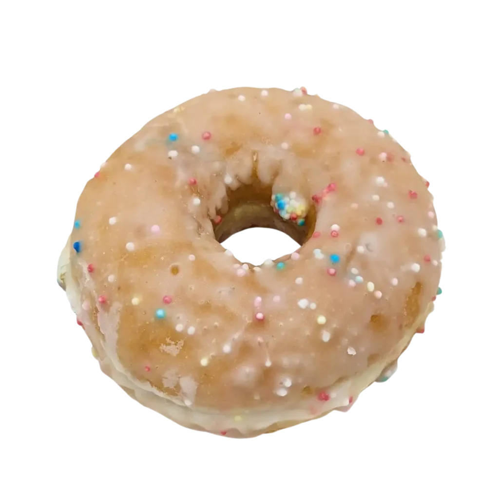 Ein glasierter Donut der Bäckerei Wiesender in Freising, belegt mit bunten runden Streuseln, isoliert auf weißem Hintergrund.