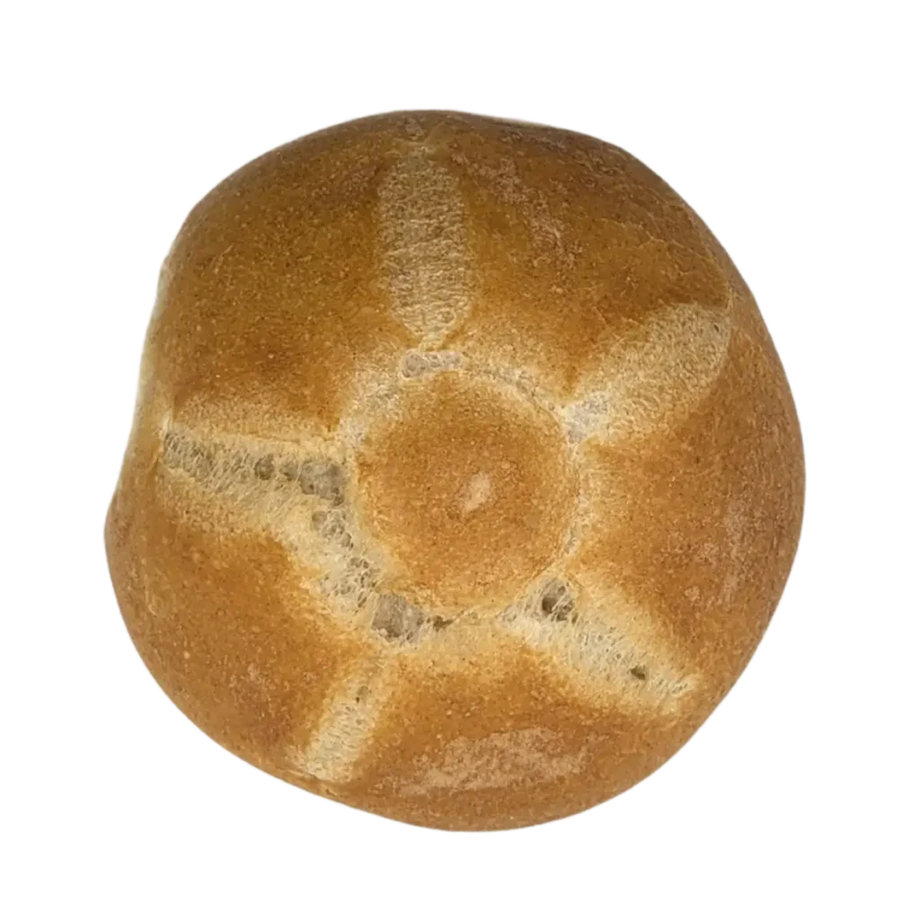 Ein rundes Brötchen mit goldbrauner Kruste und eingebranntem Sternmuster, das in der Naturbackstube in Moosburg und Freising frisch gebacken wird.