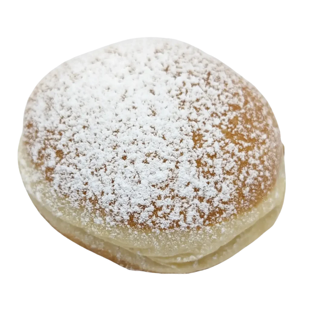 Ein runder, goldbrauner Krapfen der Bäckerei Wiesender, bestäubt mit Puderzucker und auf weißem Hintergrund.