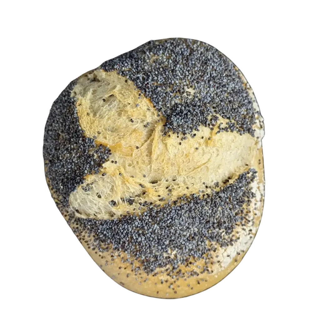 Das runde, mit reichlich Mohn belegte Brötchen aus der Naturbackstube hat eine goldbraune Kruste und sichtbare Rillen auf der Oberseite - ein Favorit in Freising und Moosburg.